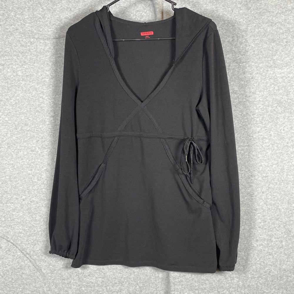 SPANX Women's Small Black Hooded Tunic Top Long Sleeve Tie Waist Drawstrings S